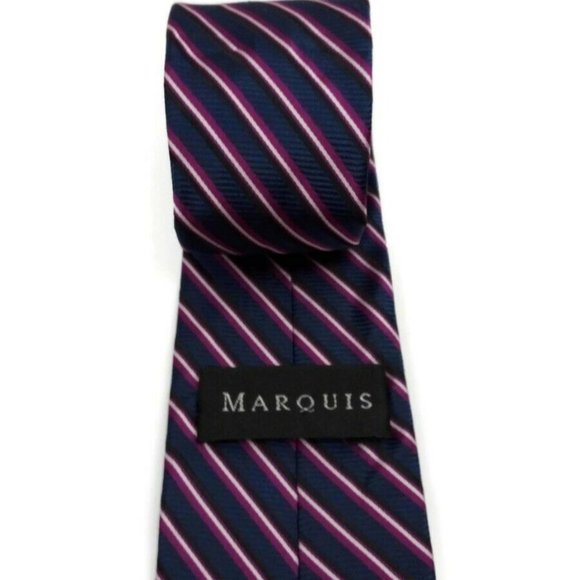 Marquis Vegan Silk Geometric Striped Tie Navy Red - Picture 3 of 4